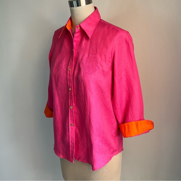 Ralph Lauren Petite Small Embroidered Crest Linen Women’s Shirt Fuchsia Pink - Picture 3 of 16